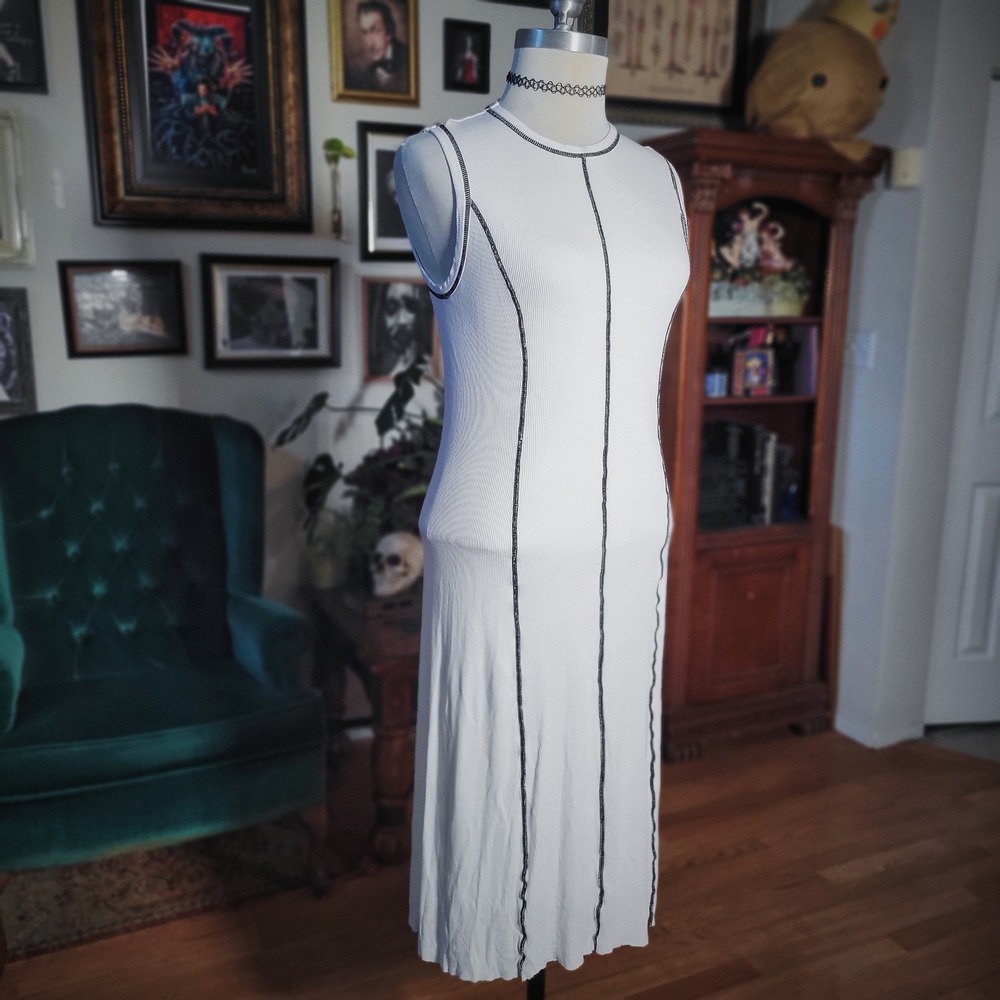White Ribbed Midi Dress 90s Style Contrast Stitch Sleeveless Y2K Grunge Small